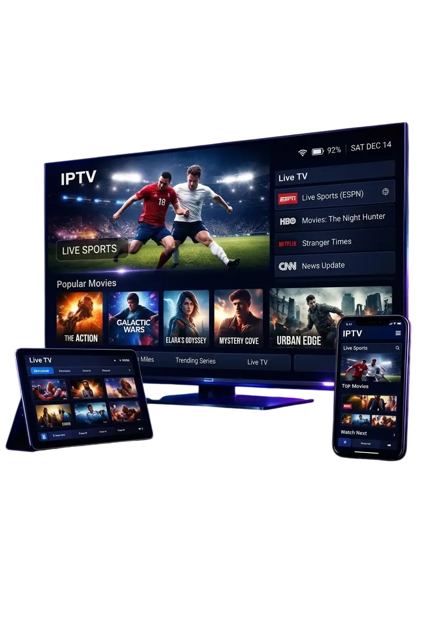 XtreamCube IPTV streaming on smart TV, tablet, and mobile showing live sports, movies, and TV channels in HD and 4K